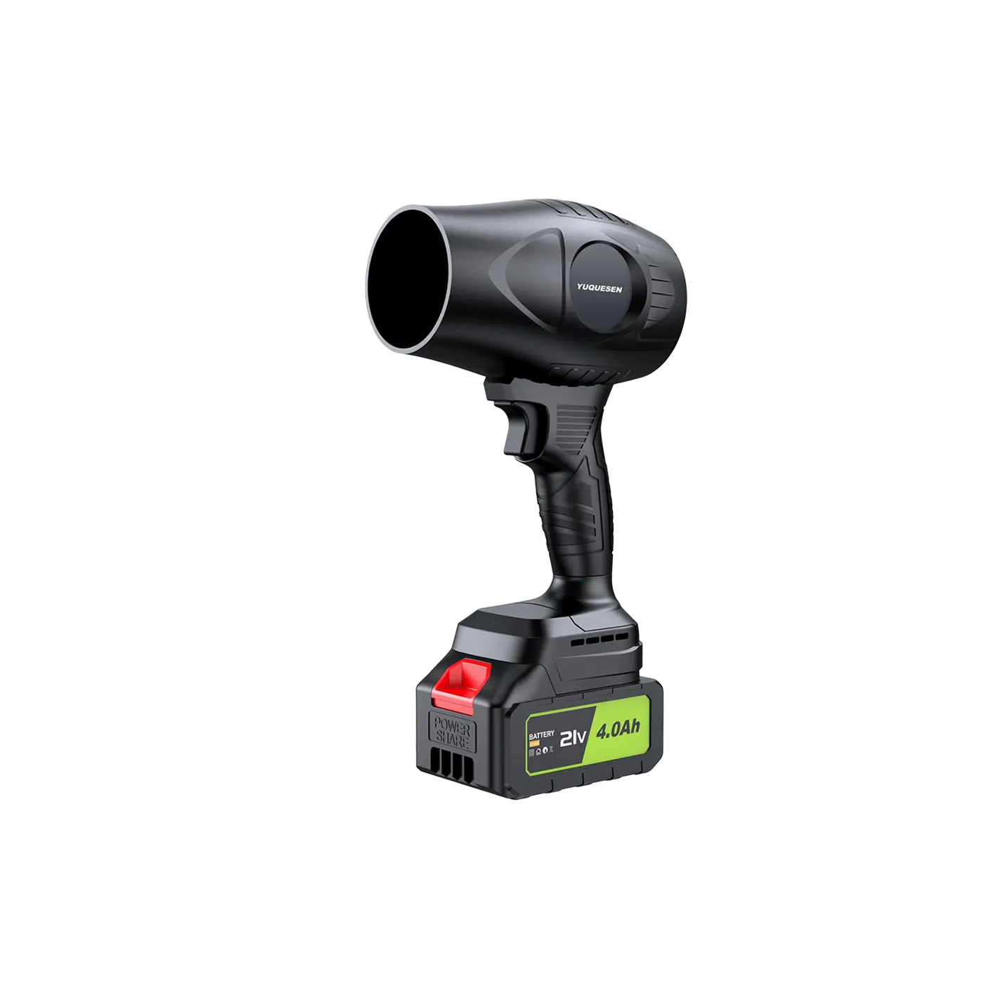 Black handheld cordless leaf blower with 21V 4.0Ah rechargeable battery
