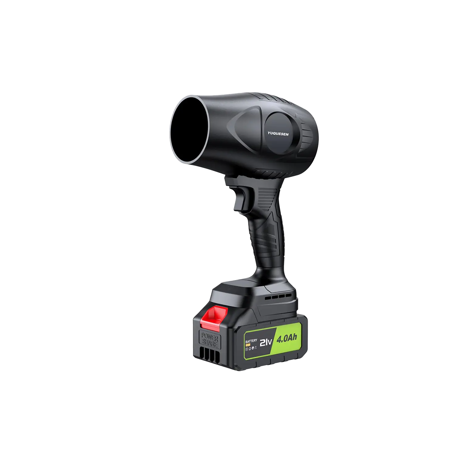 Black handheld cordless leaf blower with 21V 4.0Ah rechargeable battery
