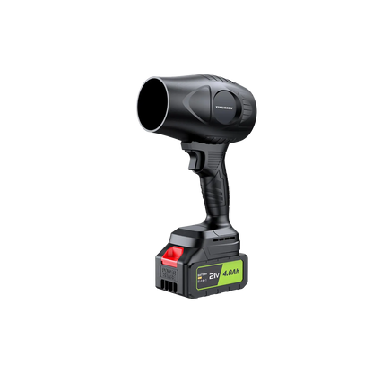 Black handheld cordless leaf blower with 21V 4.0Ah rechargeable battery