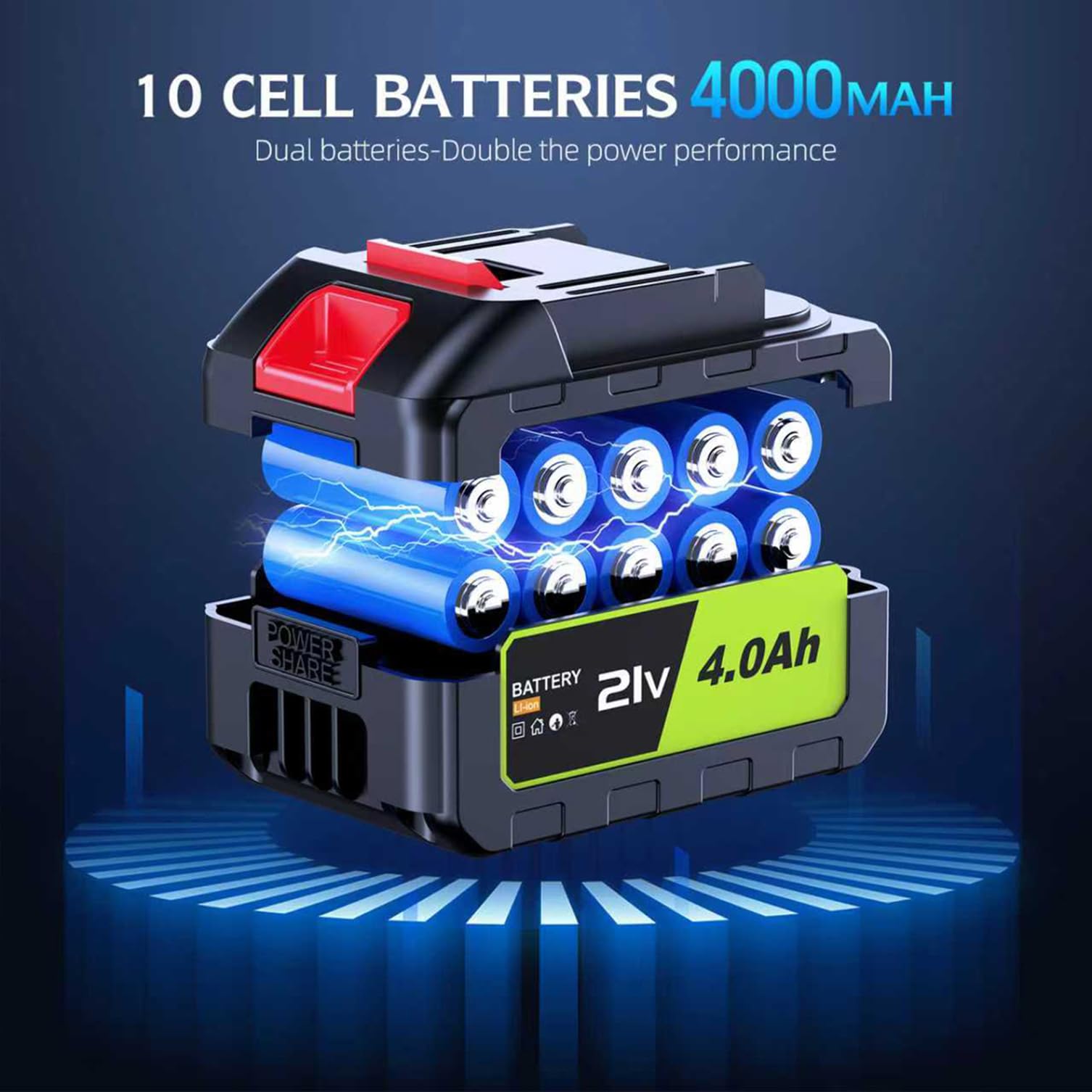 YUQUESEN 21V 4.0Ah cordless leaf blower battery featuring 10 high-capacity 4000mAh cells.