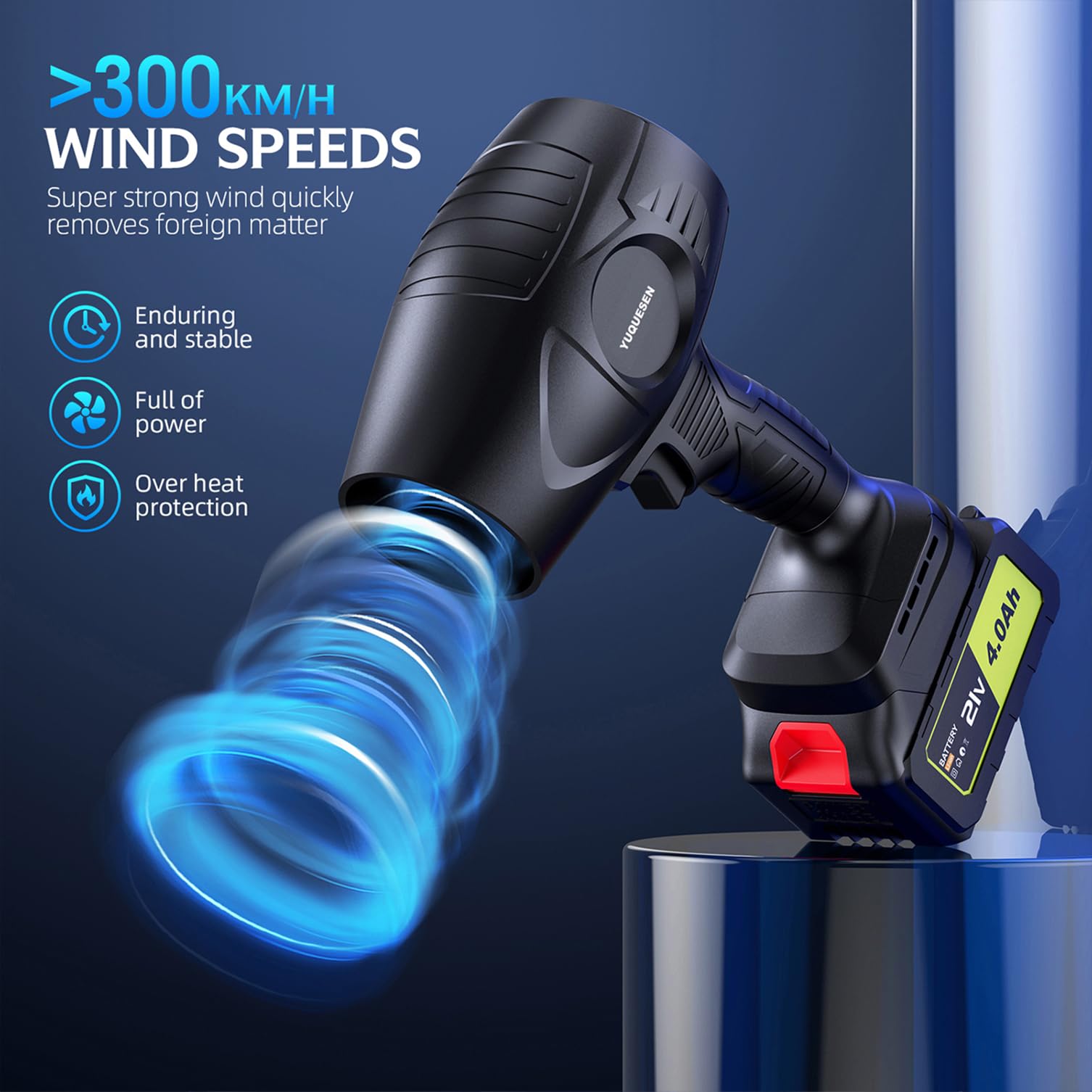 YUQUESEN cordless leaf blower delivering over 300km/h wind speed with overheat protection.