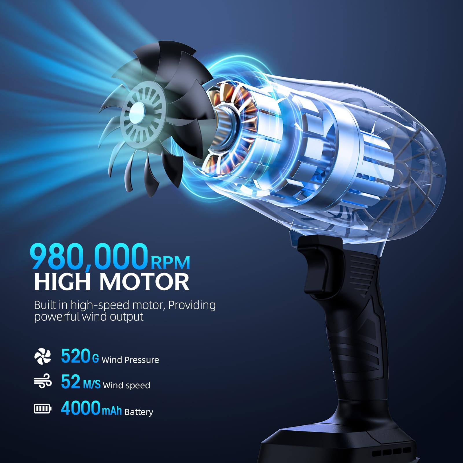 980,000 RPM cordless leaf blower motor with 52m/s wind speed and 4000mAh battery.