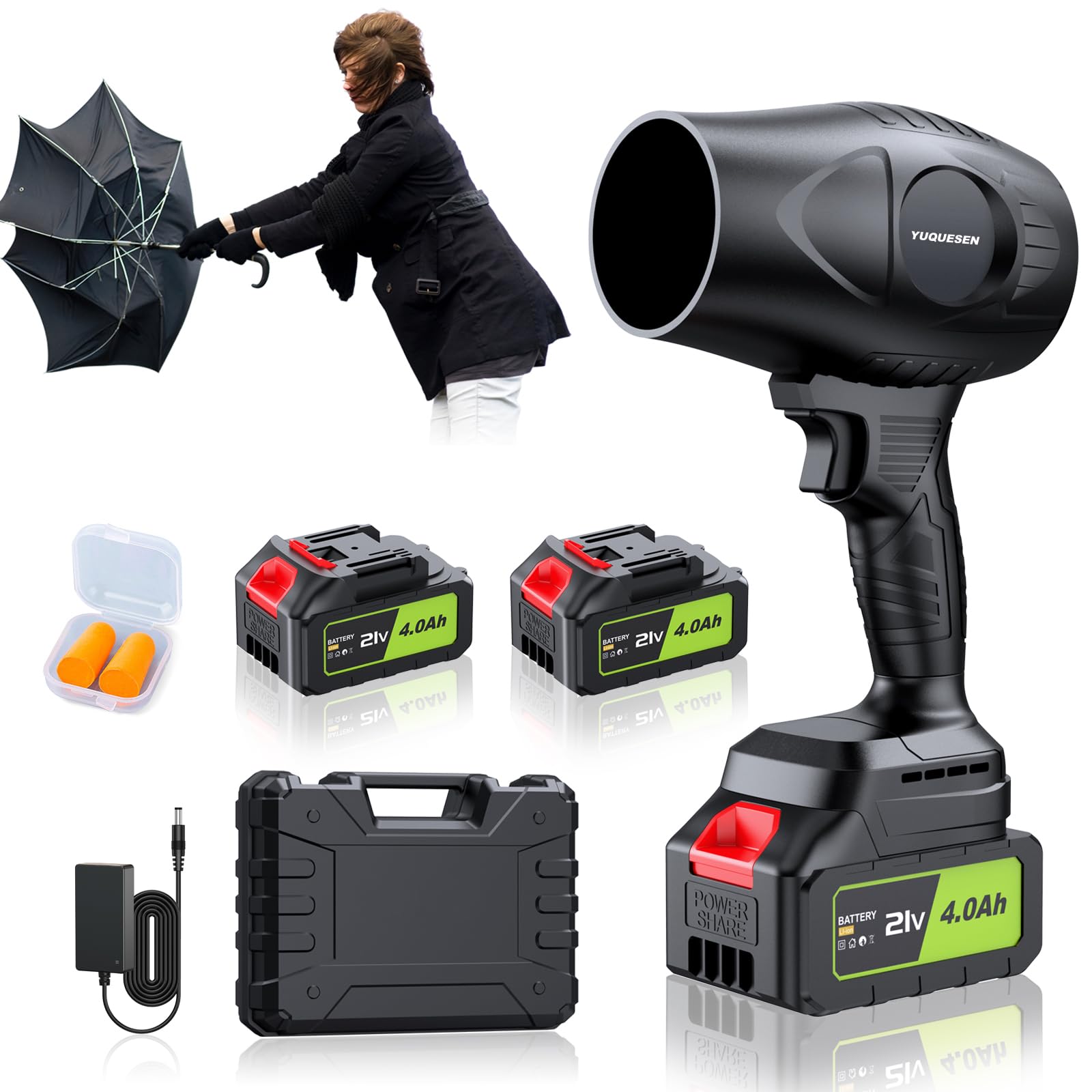 Complete cordless leaf blower kit with two 21V 4.0Ah batteries, hard carrying case, charger, and safety earplugs