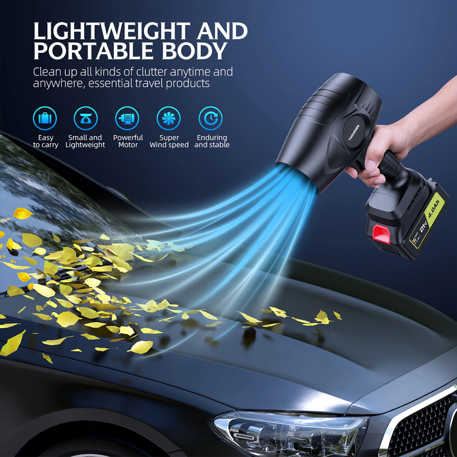 YUQUESEN lightweight portable cordless leaf blower clearing leaves from a car.